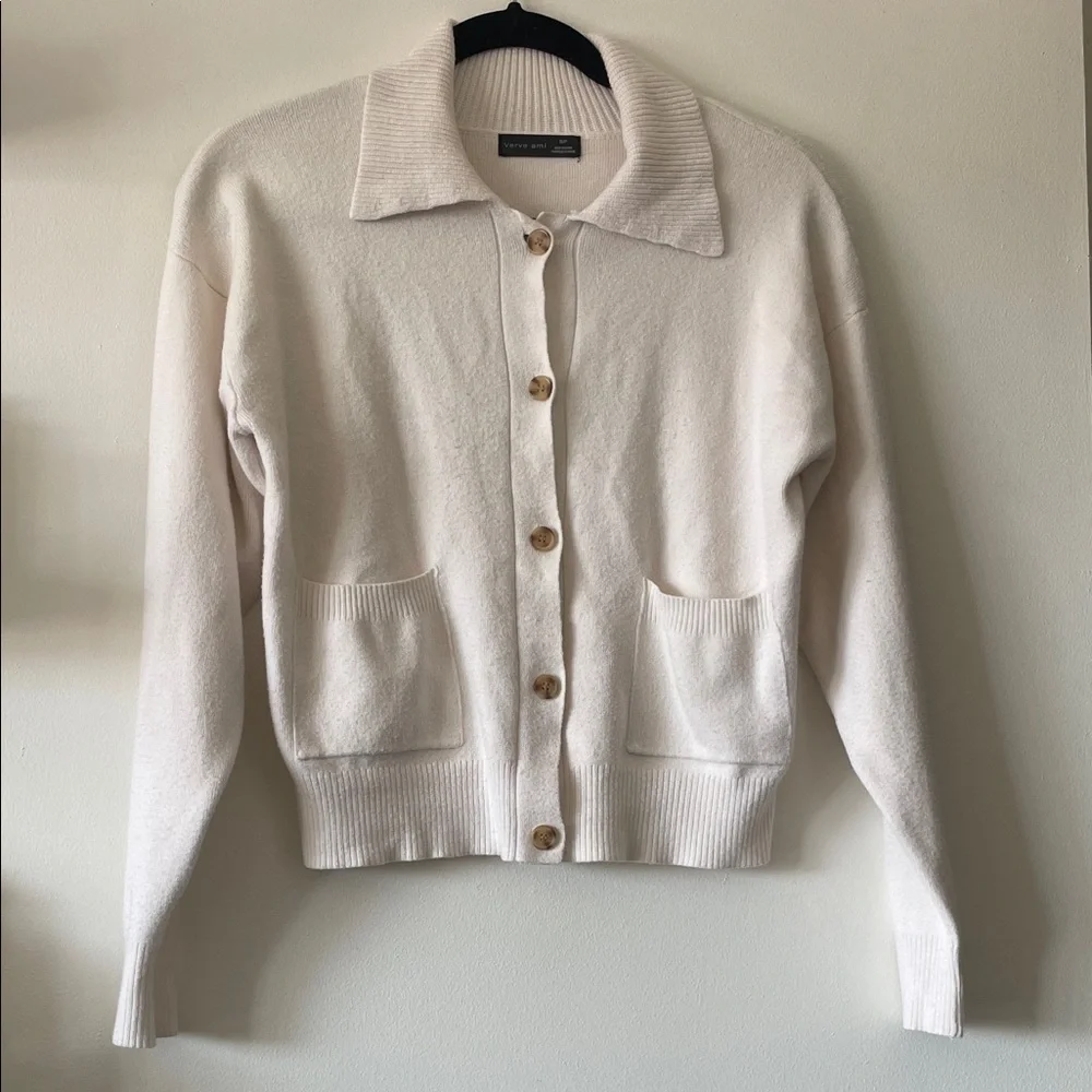 Verve Ami|Women's Preppy Cream Button-Up Sweater with collar|Small|EUC